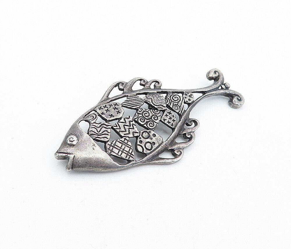 MEXICO 925 Sterling Silver  Vintage Antique Oxidized Fish Brooch Pin  BP1670