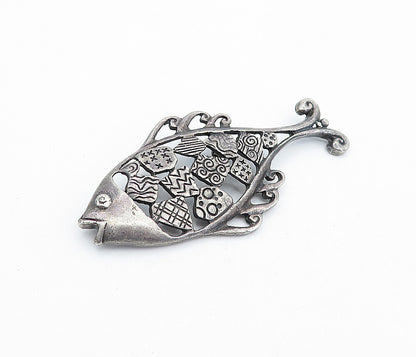 MEXICO 925 Sterling Silver  Vintage Antique Oxidized Fish Brooch Pin  BP1670
