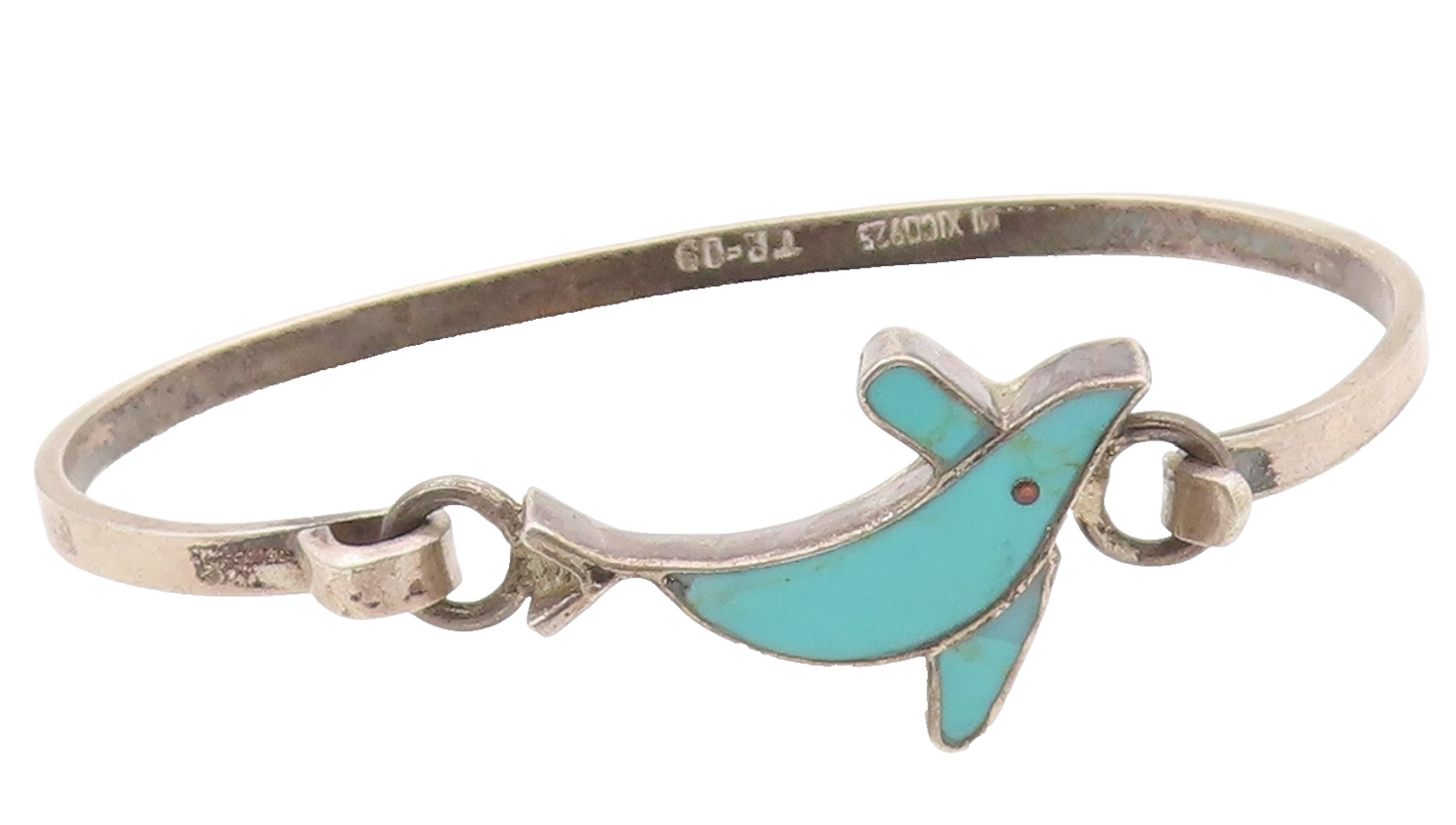 MEXICO 925 Silver  Vintage Turquoise Dolphin Hook Bangle Bracelet  BT9210
