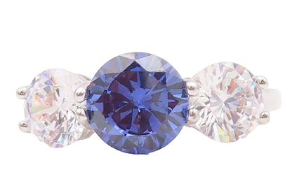 925 Sterling Silver Vintage Ring 3 Stone Round Sapphire & CZ  Sz 7.5  RG30873