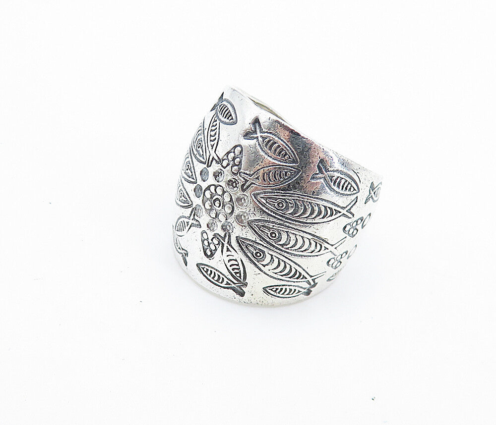 925 Sterling Silver  Shiny Etched Fish Pattern Wide Band Ring Sz 8.5  RG8085