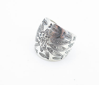 925 Sterling Silver  Shiny Etched Fish Pattern Wide Band Ring Sz 8.5  RG8085
