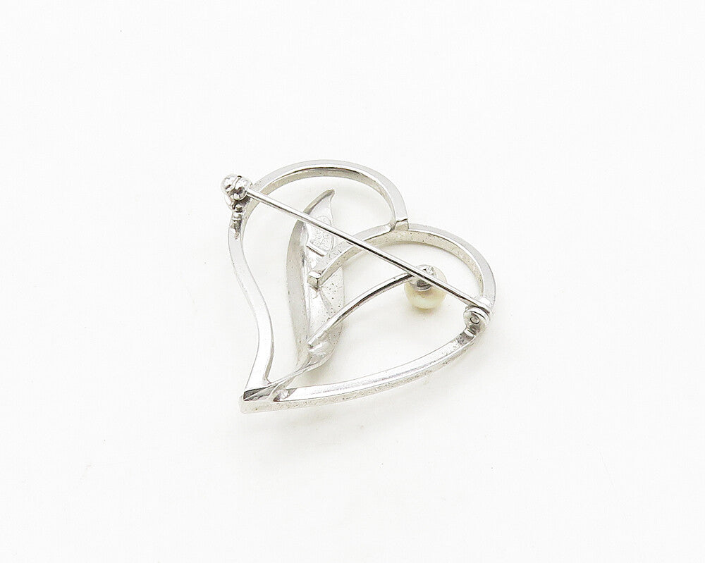 VAN DELL 925 Silver  Vintage Shiny Petite Pearl Floral Heart Brooch Pin BP7689