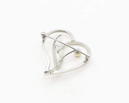 VAN DELL 925 Silver  Vintage Shiny Petite Pearl Floral Heart Brooch Pin BP7689