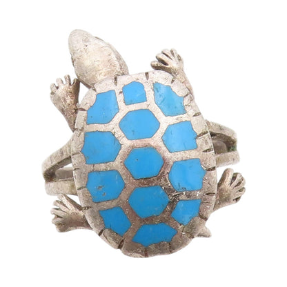 925 Sterling Silver Vintage Ring Gemstone Inlay Turtle Moves  Sz 6.5  RG33179