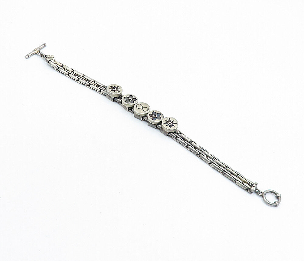 925 Sterling Silver  Vintage Antique Oxidized Flowers Chain Bracelet  BT2490