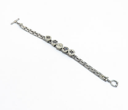 925 Sterling Silver  Vintage Antique Oxidized Flowers Chain Bracelet  BT2490