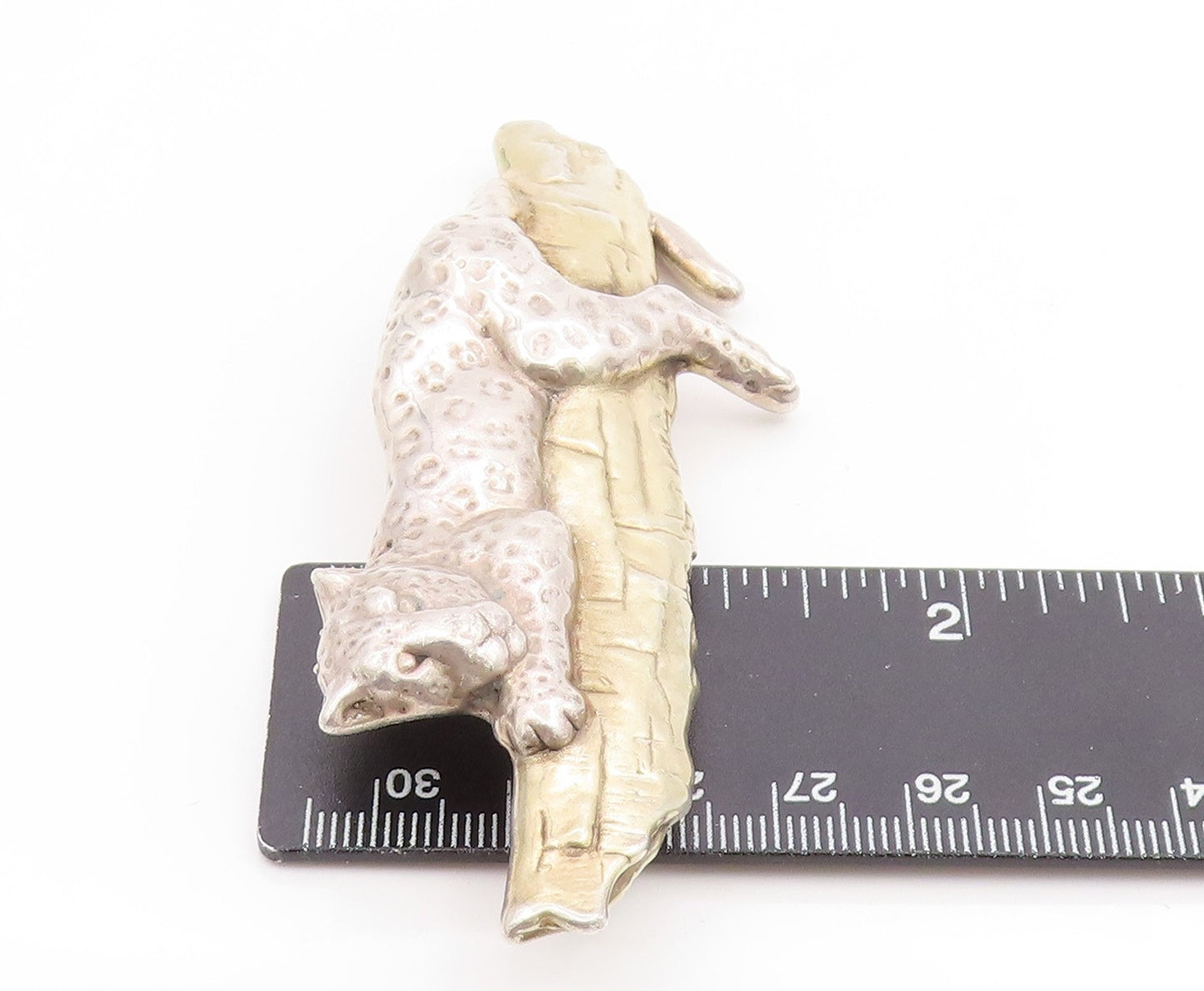 925 Sterling Silver Vintage Brooch Pin Two Tone Leopard On Tree Branch  BP12270