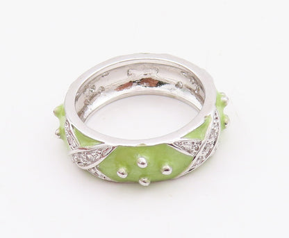 925 Sterling Silver Vintage Ring Designer Green Enameled CZ Inlay  Sz 6  RG29057