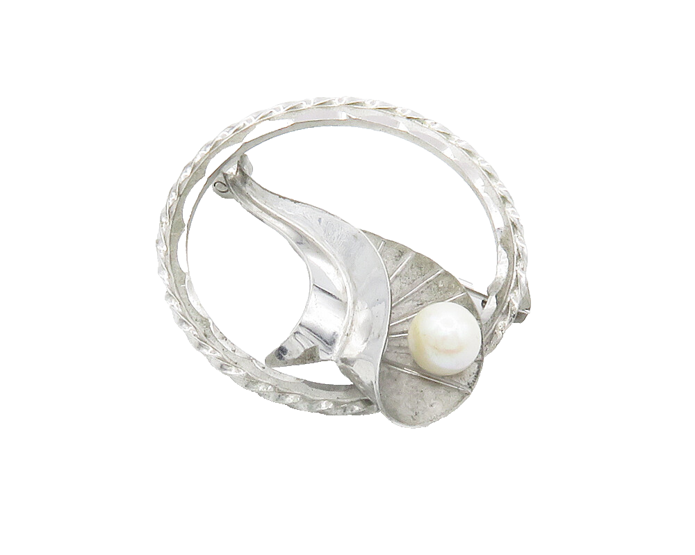 DEC 925 Silver  Vintage Petite Pearl Floral Leaf Round Brooch Pin  BP5788