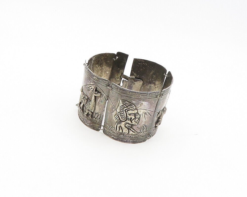 925 Sterling Silver  Vintage Oxidized Storyteller Panel Chain Bracelet  BT7002