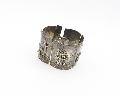 925 Sterling Silver  Vintage Oxidized Storyteller Panel Chain Bracelet  BT7002