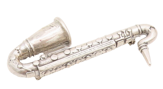 925 Sterling Silver Vintage Brooch 3D Carved Heavy Saxophone   BP11694