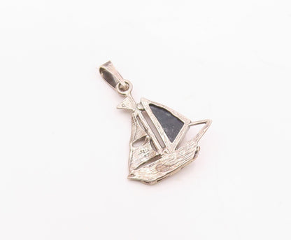925 Sterling Silver  Vintage Baltic Amber Etched Sailboat Pendant  PT20174