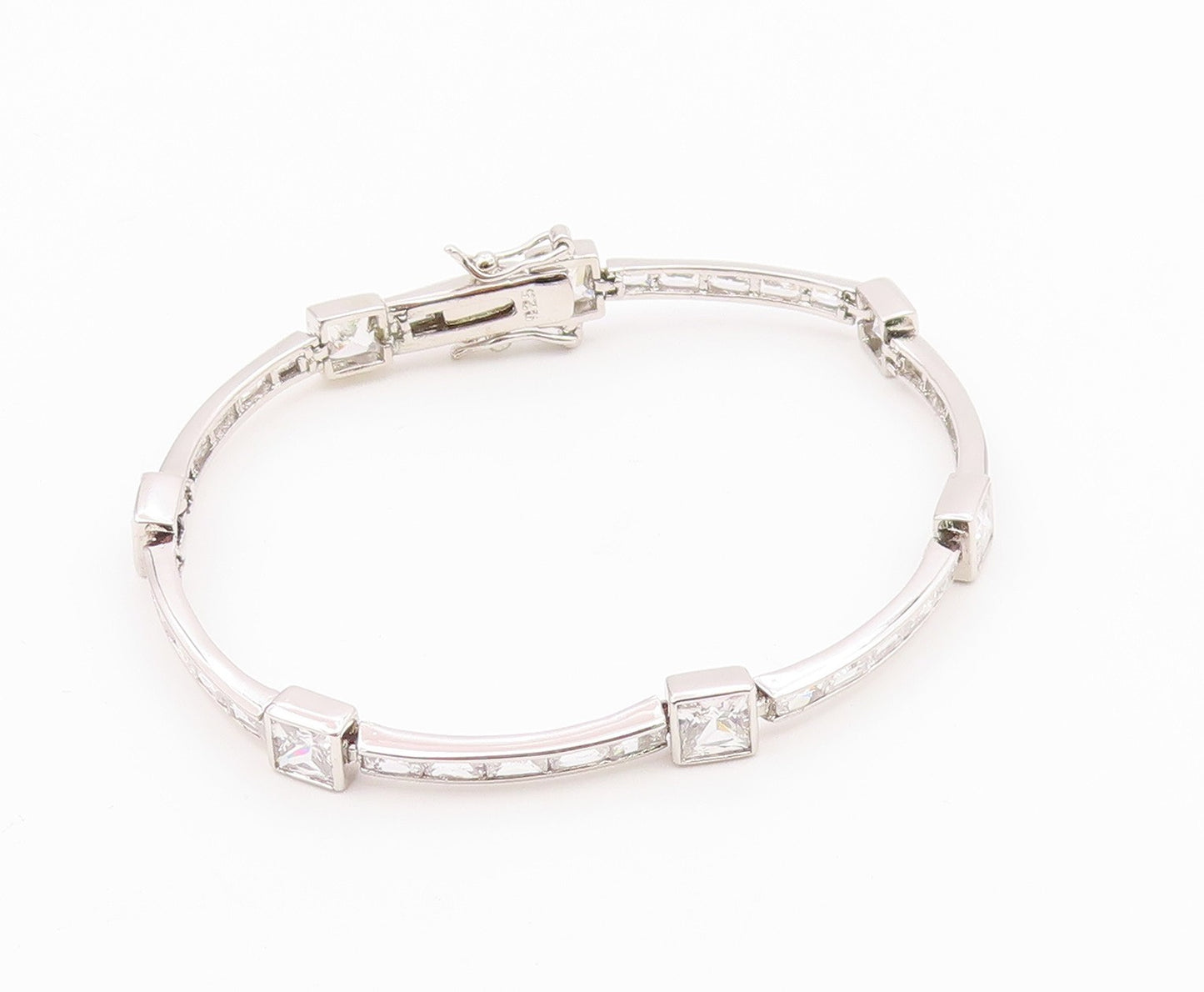925 Sterling Silver  Vintage Shiny Cubic Zirconia Bar Chain Bracelet  BT8841