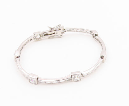 925 Sterling Silver  Vintage Shiny Cubic Zirconia Bar Chain Bracelet  BT8841