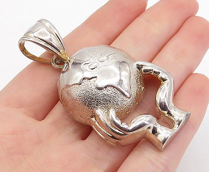 925 Sterling Silver  Vintage Shiny Textured Globe In Hands Pendant  PT5640