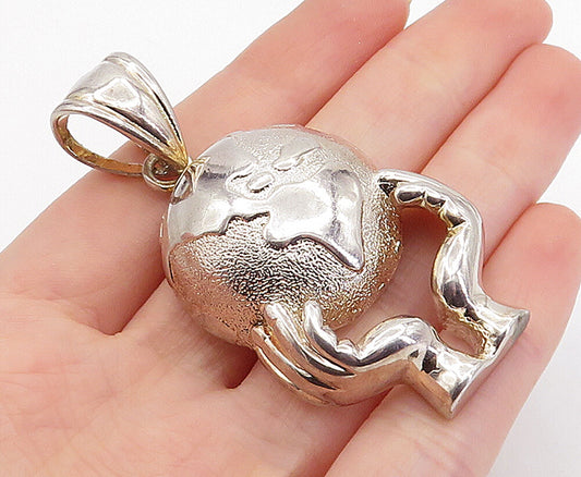 925 Sterling Silver  Vintage Shiny Textured Globe In Hands Pendant  PT5640