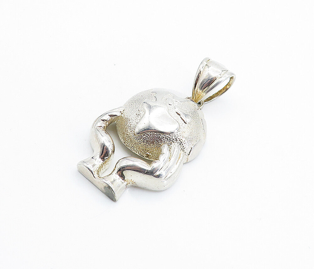 925 Sterling Silver  Vintage Shiny Textured Globe In Hands Pendant  PT5640