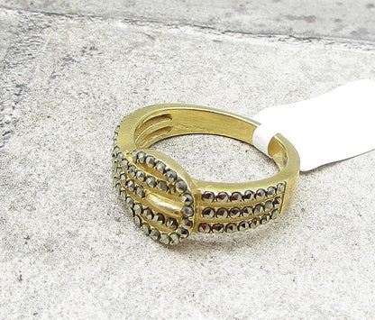 Gold Over 925 Silver  Marcasite Belt Design Cluster Band Ring Sz 9  RG1695