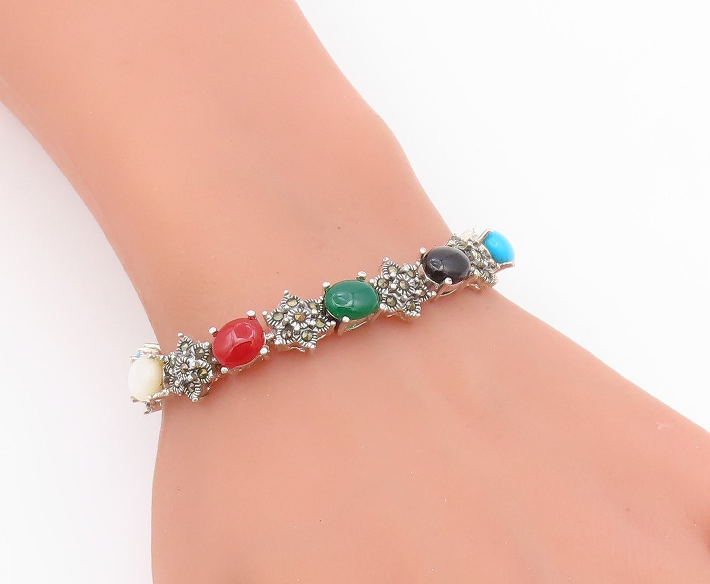 925 Silver  Vintage Turquoise Mother Of Pearl Onyx & Carnelian Bracelet BT3680