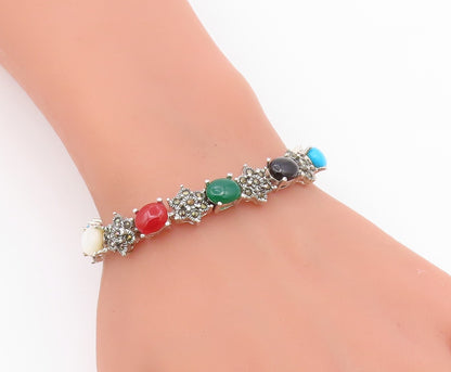925 Silver  Vintage Turquoise Mother Of Pearl Onyx & Carnelian Bracelet BT3680