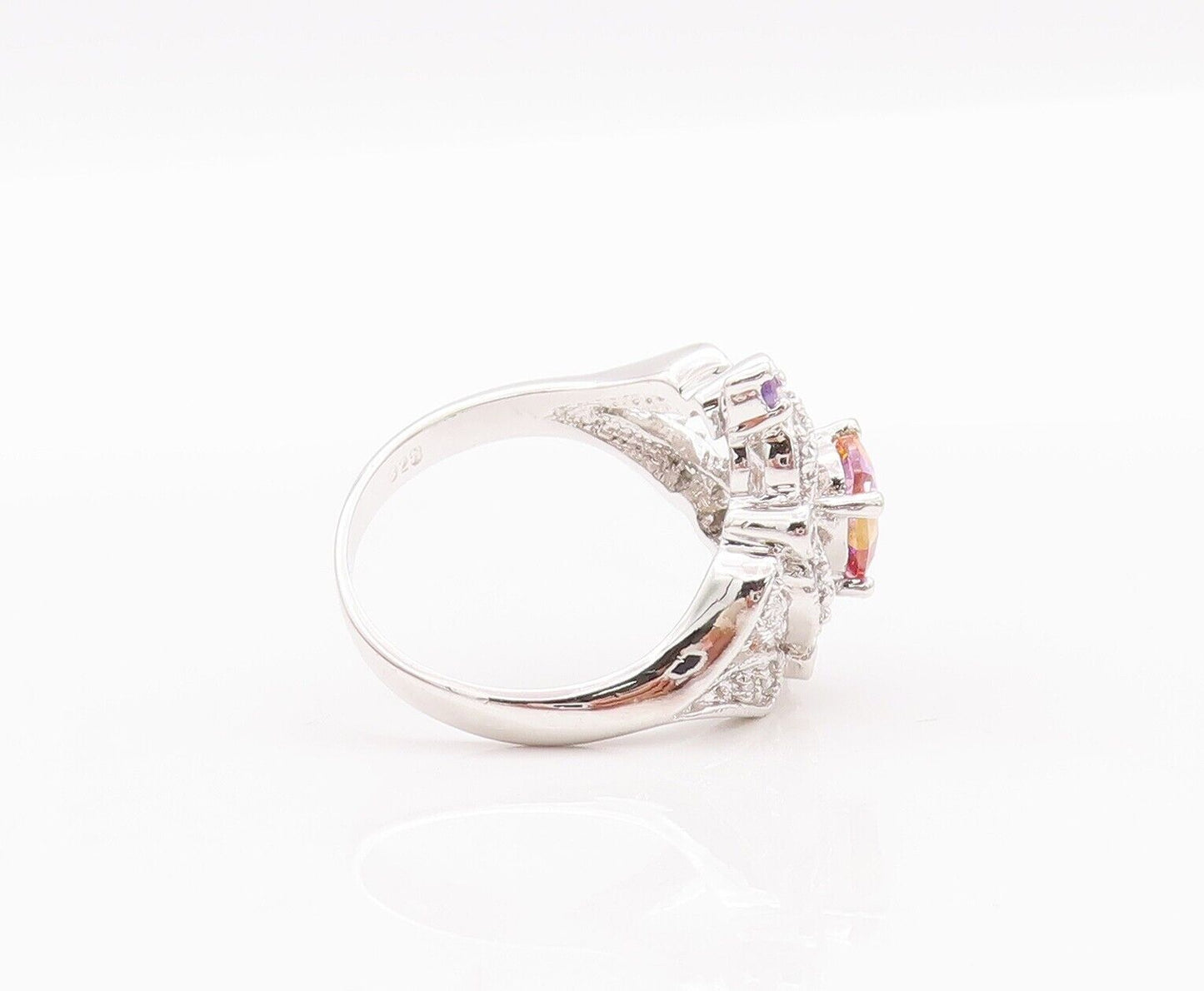 925 Sterling Silver Vintage Ring Cutout Carved Gemstone Flower  Sz 9.5  RG28297