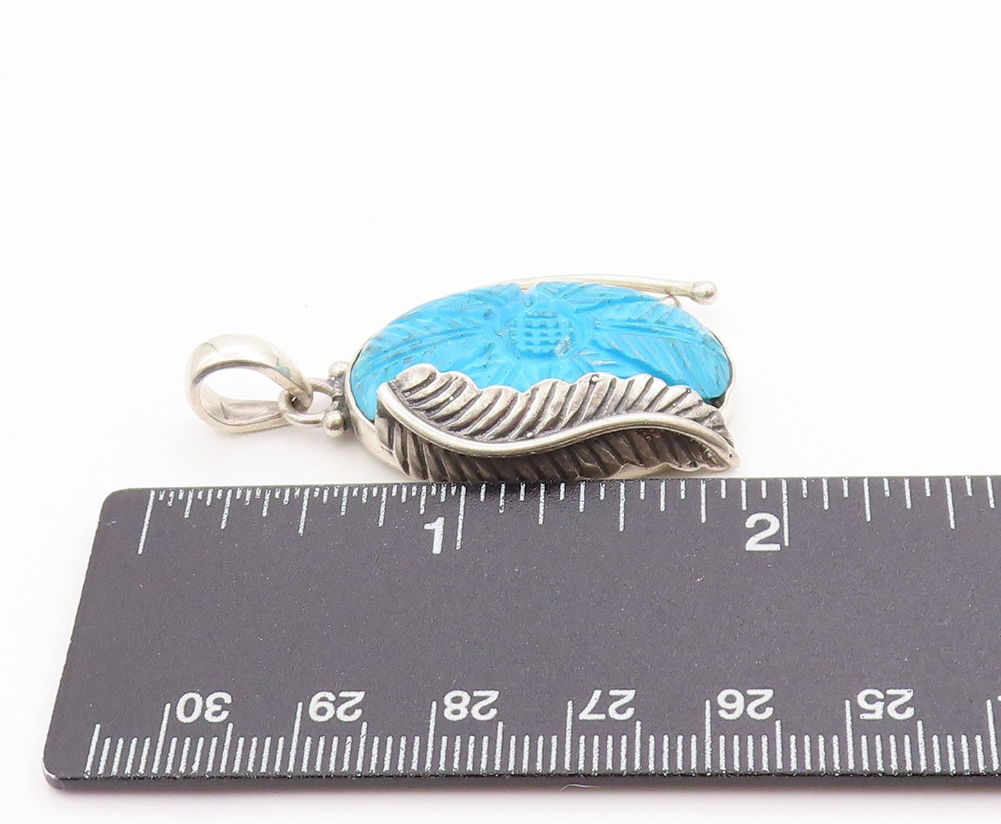 925 Sterling Silver Vintage Pendant Carved Turquoise Flower and Feather  PT24893