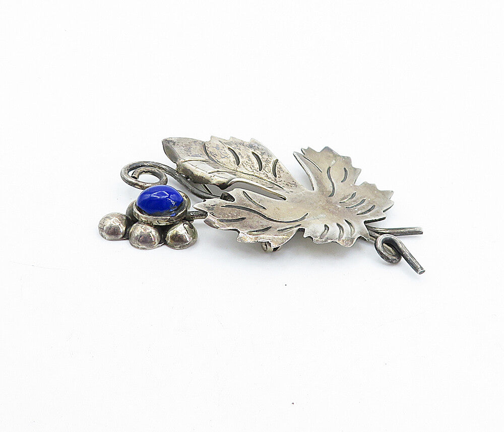 MEXICO 925 Sterling Silver  Vintage Lapis Lazuli Floral Leaf Brooch Pin BP1405