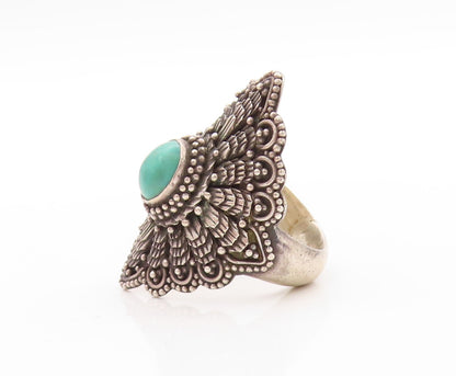 925 Sterling Silver Vintage Ring Antique Dark Tone Turquoise Flower Sz 7 RG32740
