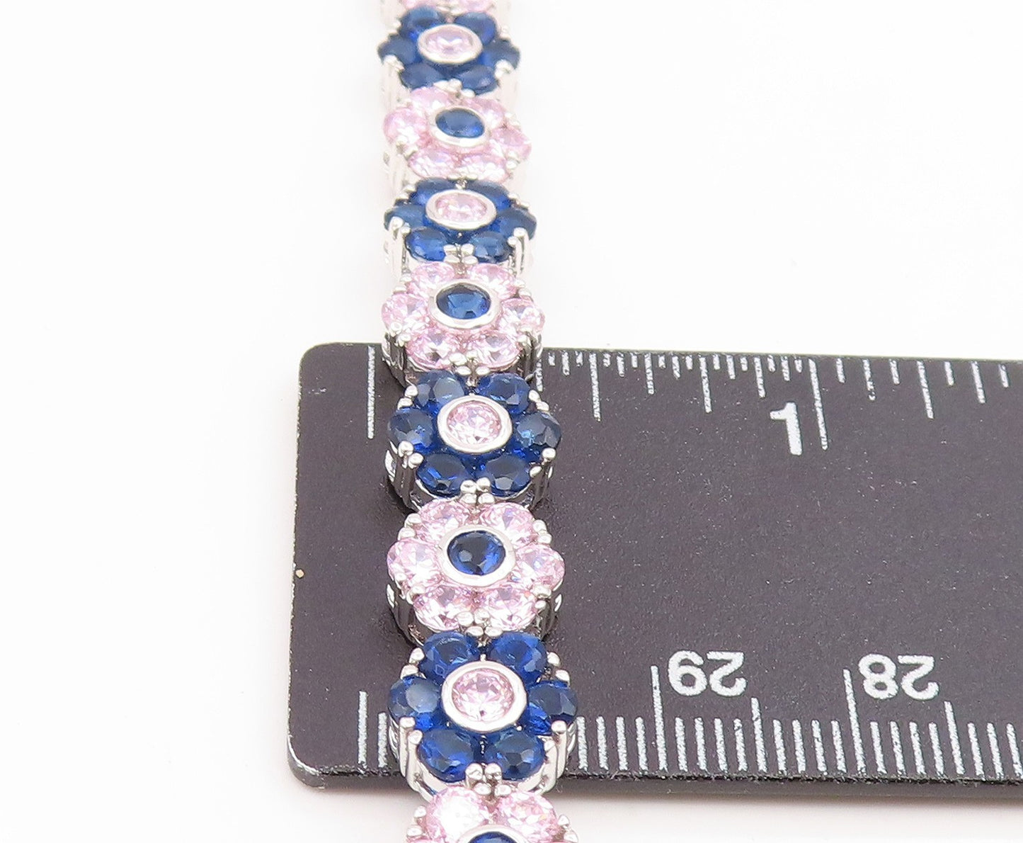 925 Sterling Silver Vintage Necklace Pink & Blue Topaz Floral Link Chain  NE4813
