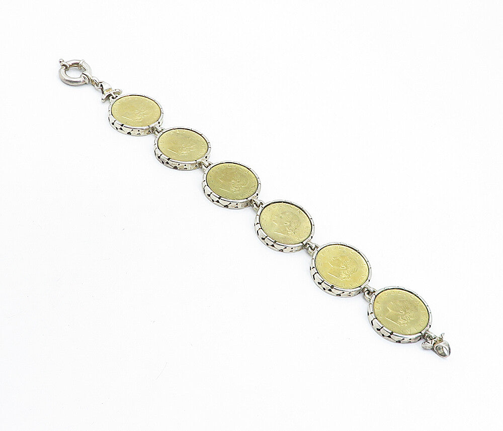 925 Sterling Silver  Vintage Two Tone Italian Coin Link Chain Bracelet  BT2537