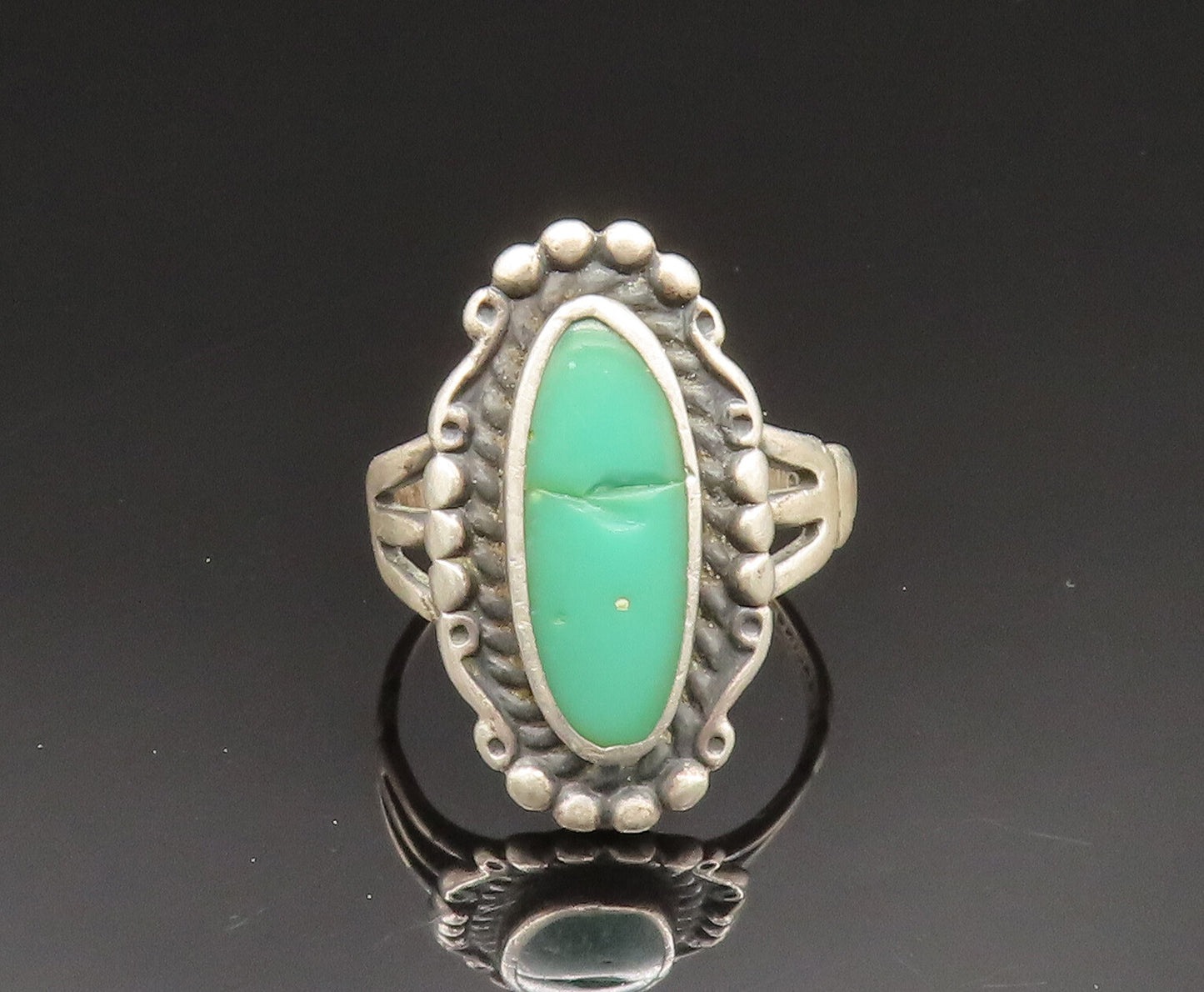 NAVAJO 925 Silver  Vintage Beaded Inlaid Green Turquoise Ring Sz 8  RG24893