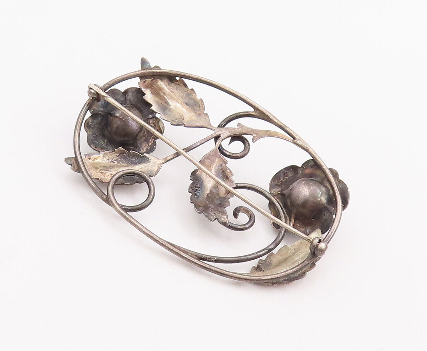 925 Sterling Silver Vintage Brooch Pin Designer Oval Cutout Flowers  BP10930