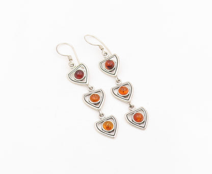 925 Sterling Silver Vintage Earrings Cabochon Amber Geometric Dangles  EG13876