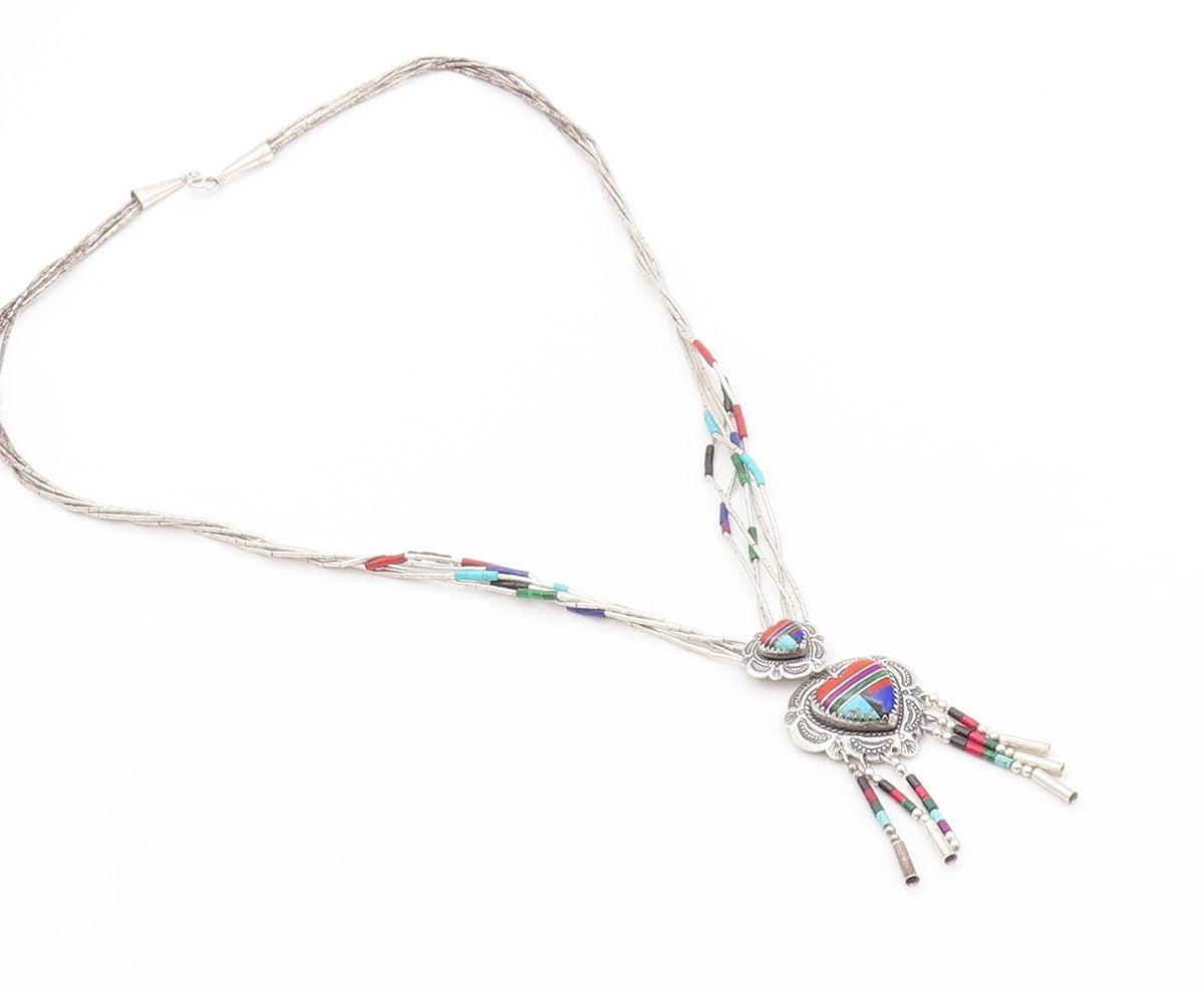 925 Sterling Silver Vintage Necklace NAVAJO Gemstone Tassel Heart  NE4552