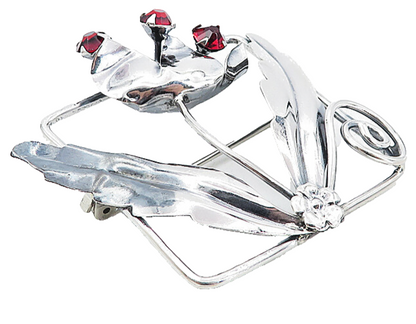 925 Sterling Silver  Vintage Red Topaz Shiny Flower Swirl Brooch Pin  BP3010
