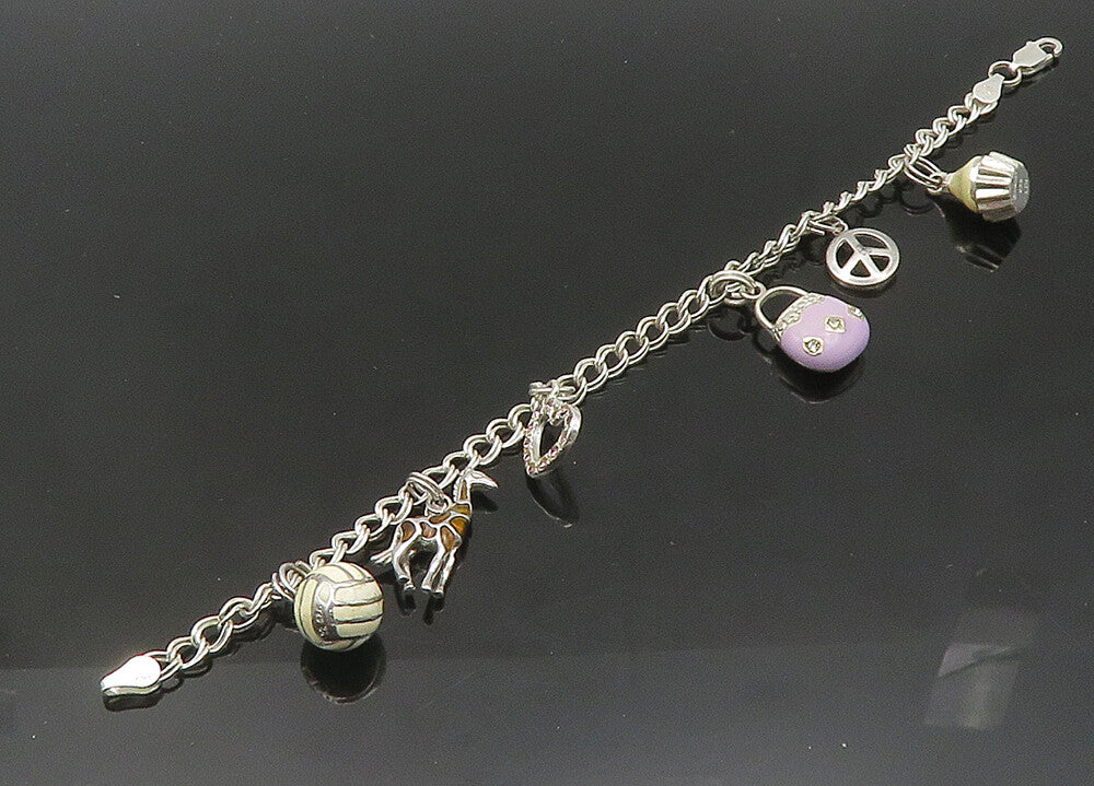 925 Sterling Silver  Vintage Topaz & Enamel Charmed Chain Bracelet  BT8479