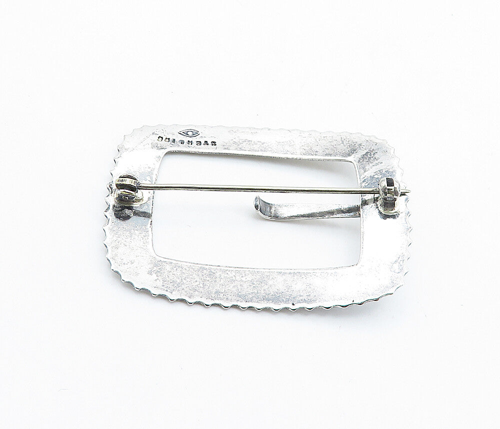 925 Sterling Silver  Vintage Shiny Etched Belt Buckle Motif Brooch Pin  BP2771