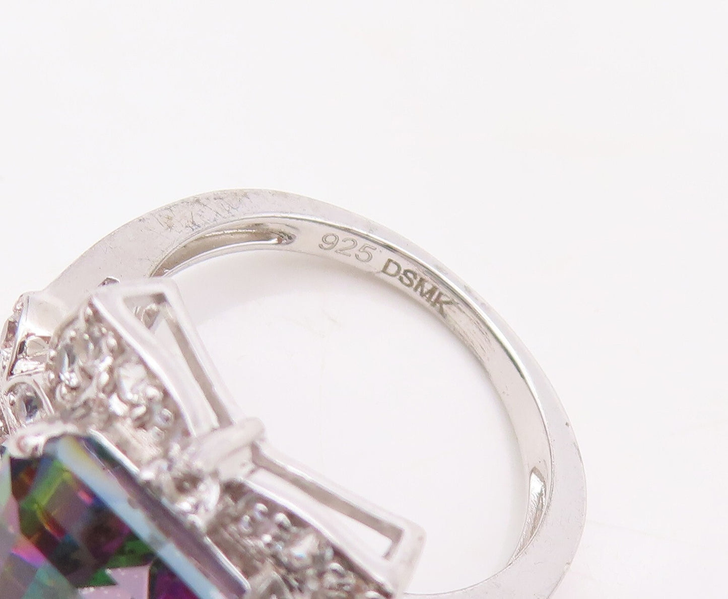 925 Sterling Silver Vintage Ring Mystic Topaz Floral Carved CZ  Sz 7.5  RG30232
