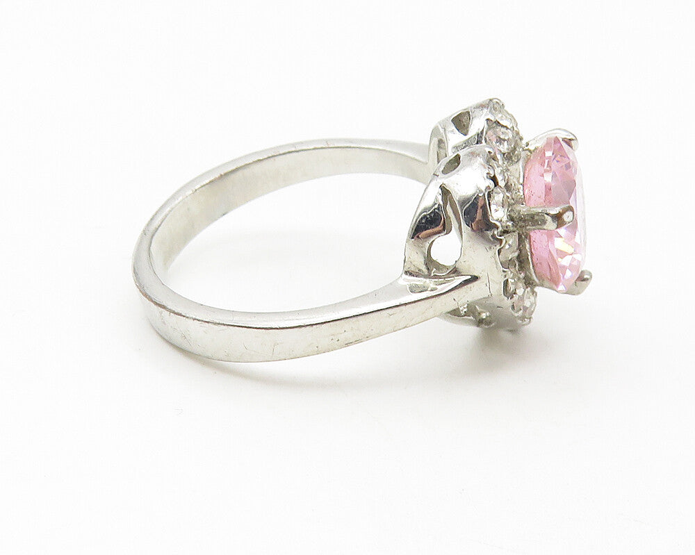 925 Sterling Silver  Pink Cubic Zirconia Heart Cocktail Ring Sz 6.25  RG10964