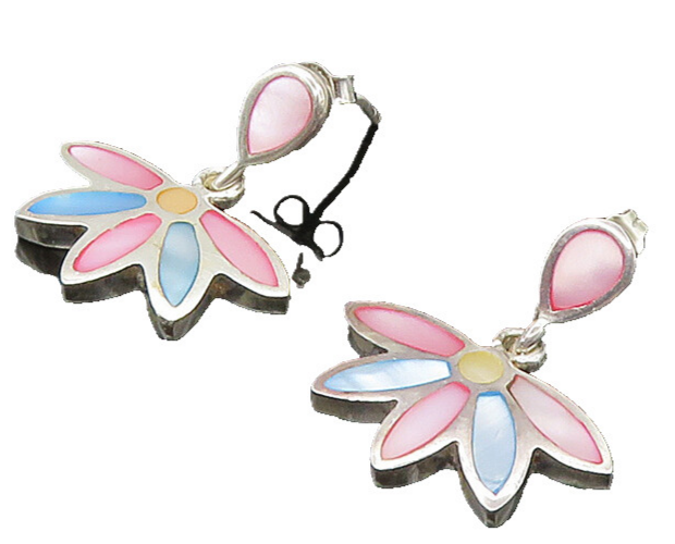 925 Sterling Silver  Vintage Mother Of Pearl Floral Dangle Earrings  EG11054