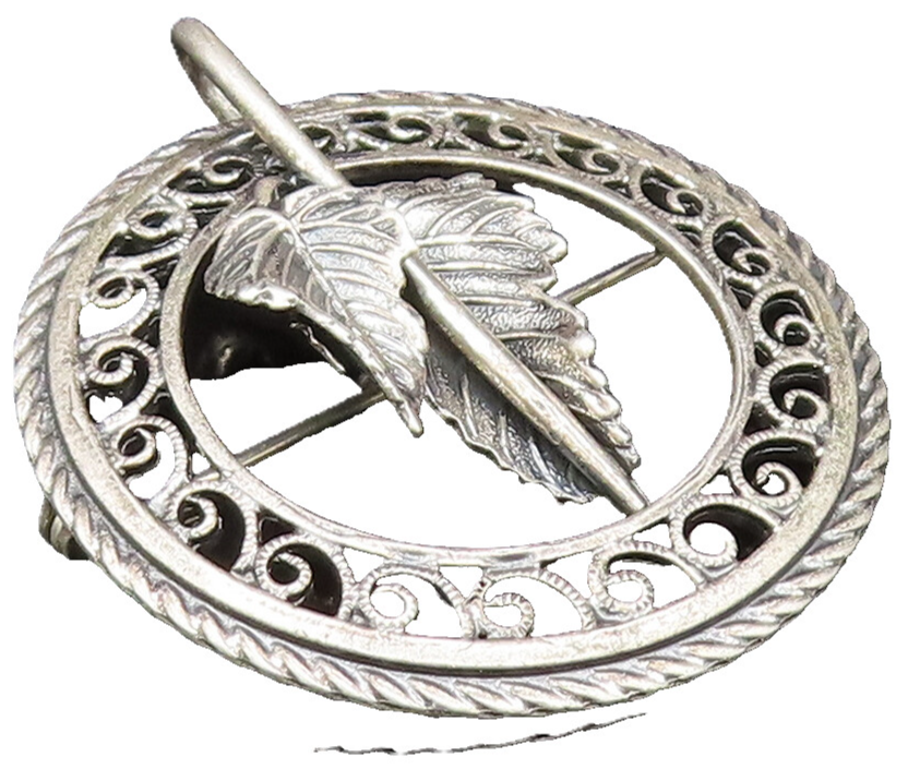 DANECRAFT 925 Silver  Vintage Antique Leaf & Swirl Border Brooch Pin  BP9593