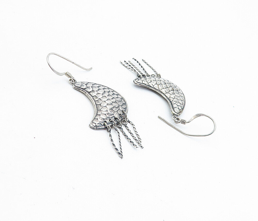 925 Sterling Silver  Vintage Shiny Dark Tone Fish Scale Drop Earrings  EG2517