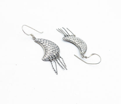 925 Sterling Silver  Vintage Shiny Dark Tone Fish Scale Drop Earrings  EG2517