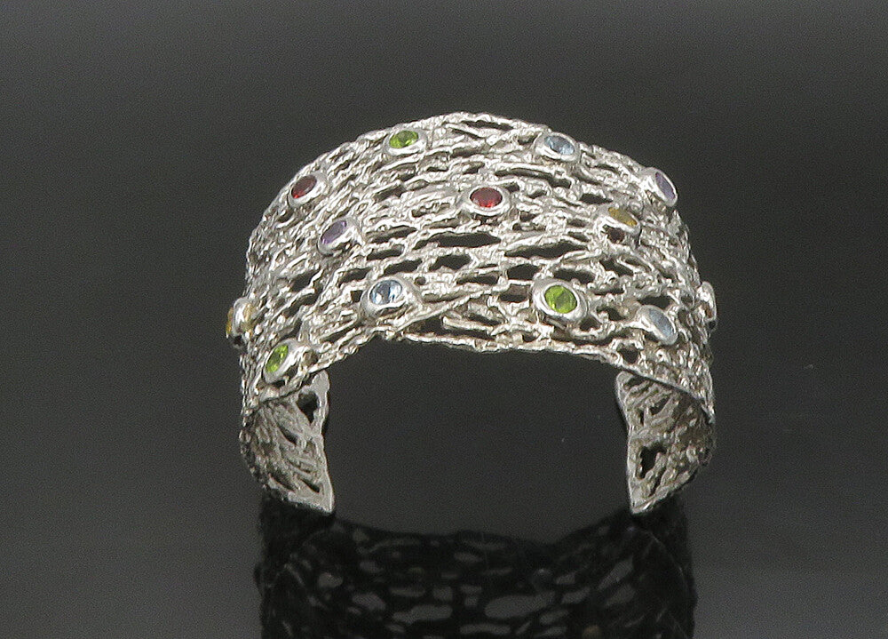 925 Silver Vintage Topaz Peridot & Multi Stone Sculpted Cuff Bracelet BT8996