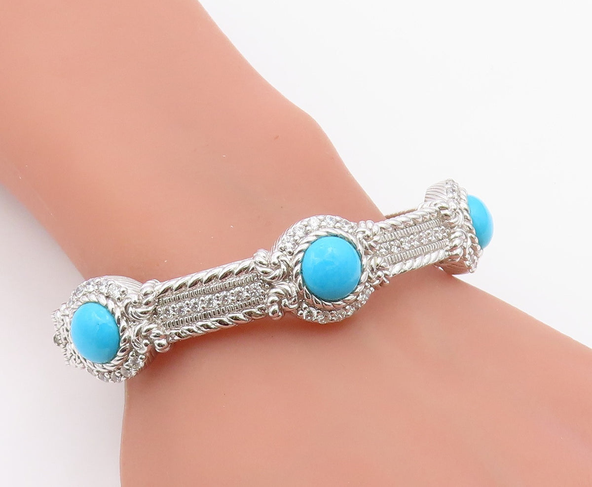 925 Sterling Silver Vintage Bracelet JUDITH RIPKA Turquoise & CZ Cuff  BT12168