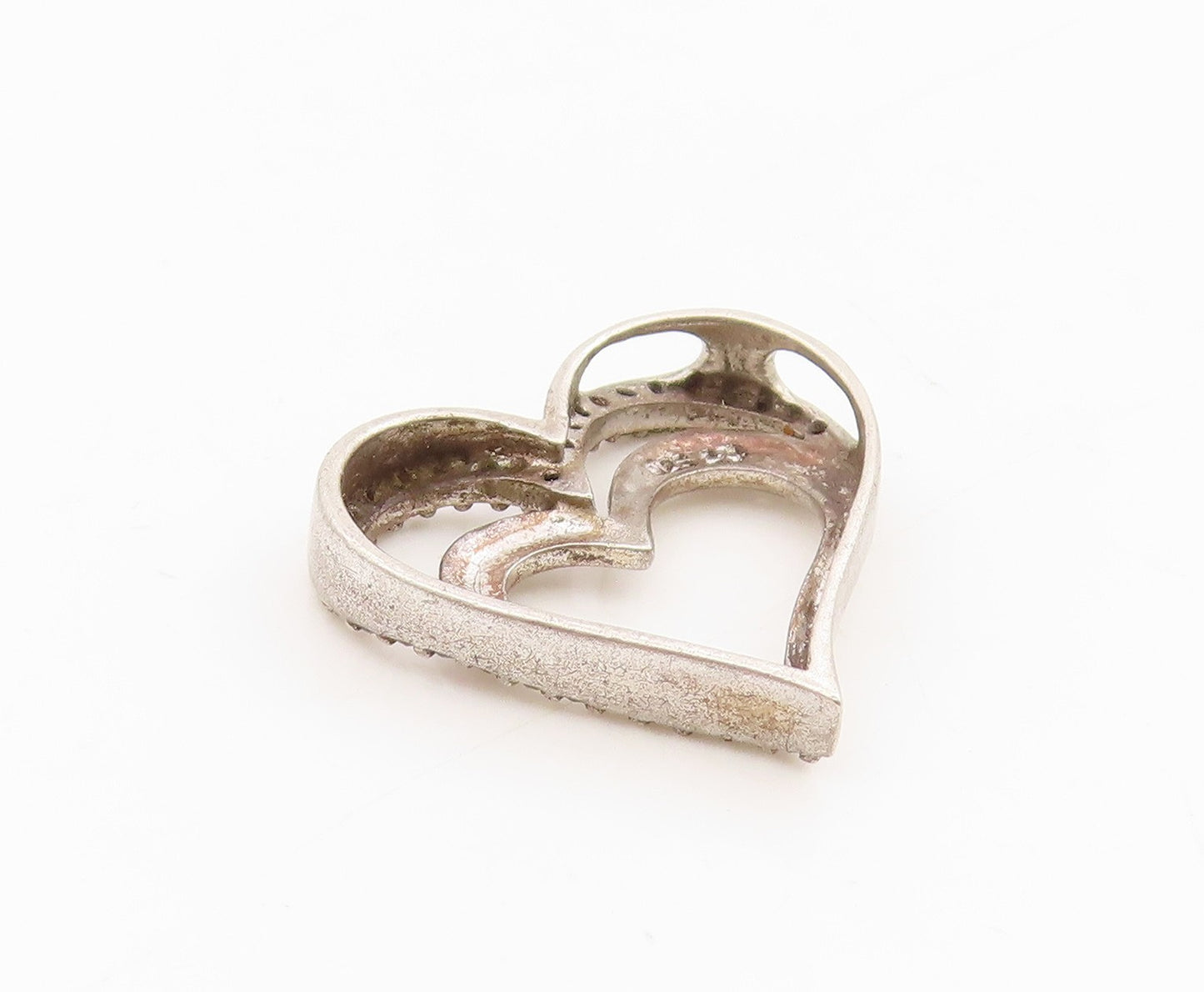 925 Sterling Silver Vintage Pendant Real Diamonds Love Heart Outline  PT25479