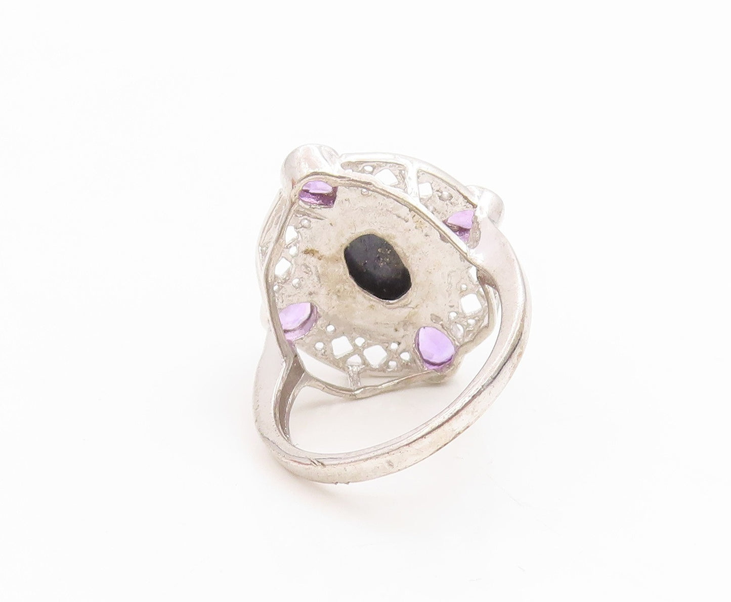 925 Sterling Silver Vintage Ring Amethyst & Gemstone Openwork Band Sz 7 RG36170