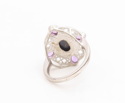 925 Sterling Silver Vintage Ring Amethyst & Gemstone Openwork Band Sz 7 RG36170